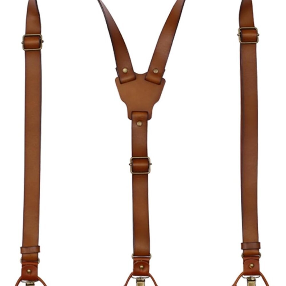 Genuine Leather Suspenders for Men Y Back Shape Adjustable Brown Wedding Groomsm